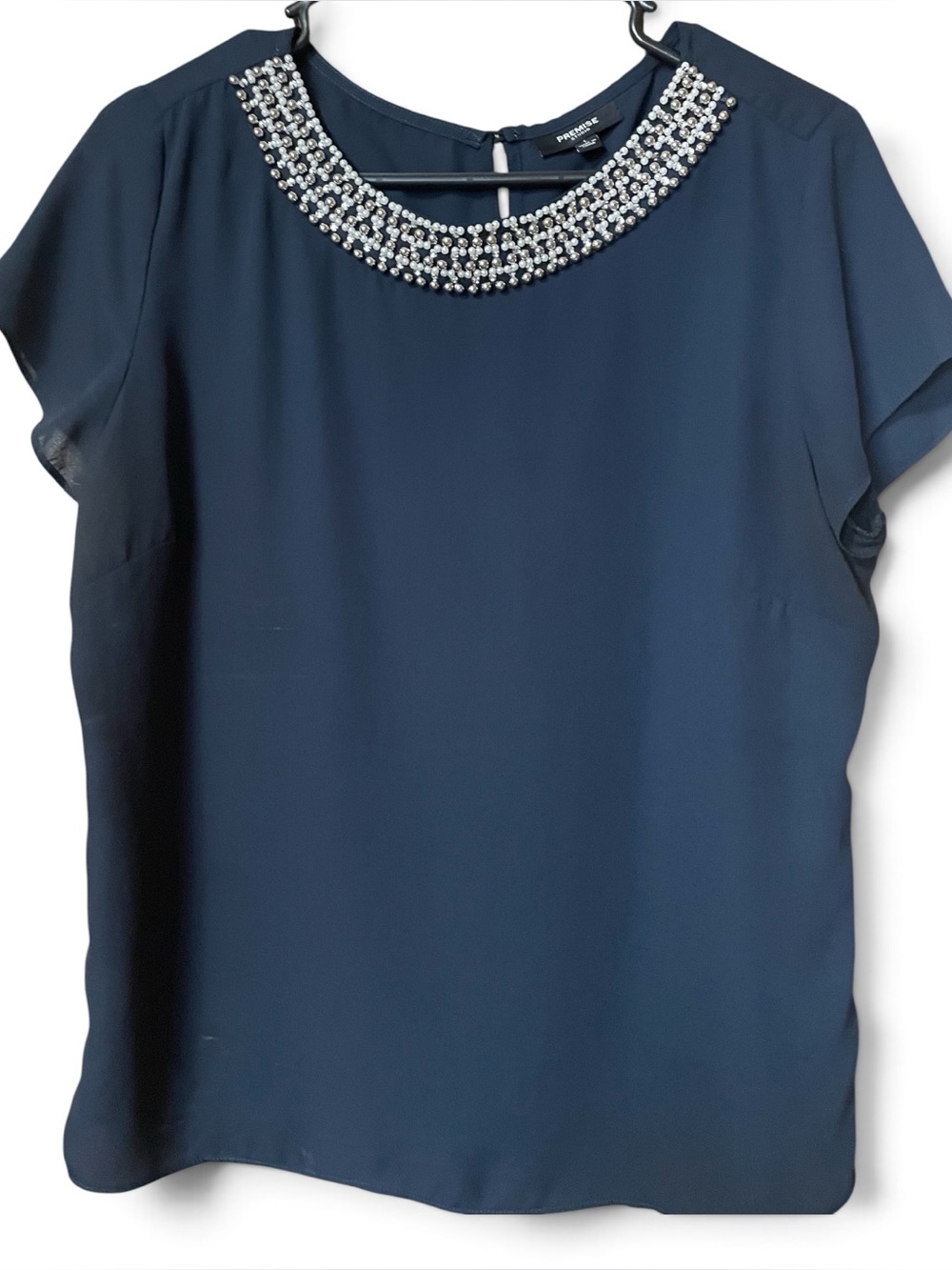 Premise Studio Navy Jeweled Collar Short Sleeve Blouse Poly L